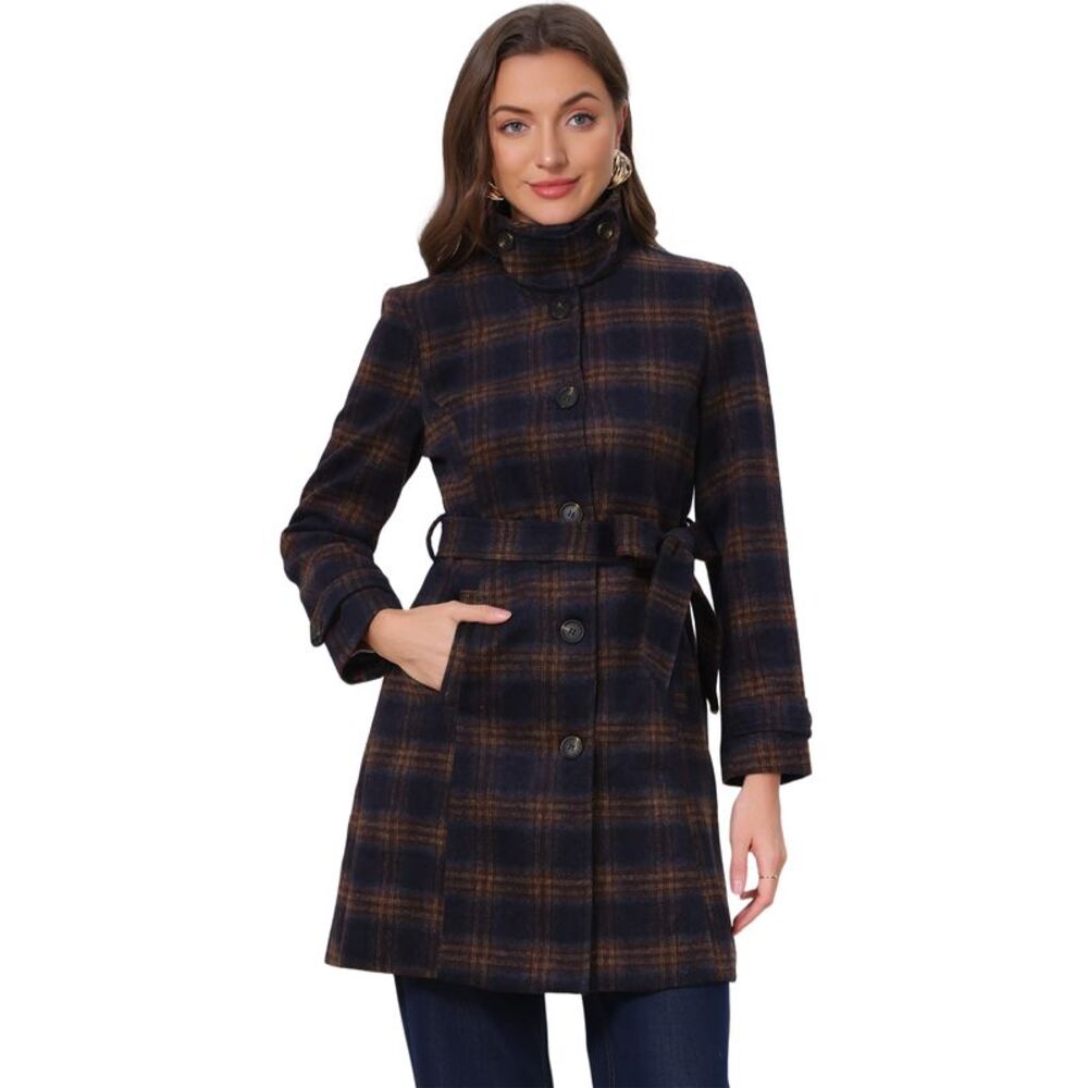 Women's Vintage Plaid Peacoat Stand Collar Winter Trench Coats Red Blue